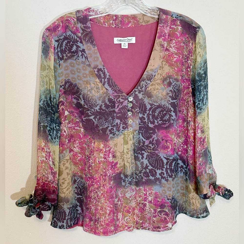 Coldwater Creek (size PL)Silk Pink/Green/Blue V-neck Blouse with 3/4  Sleeves
